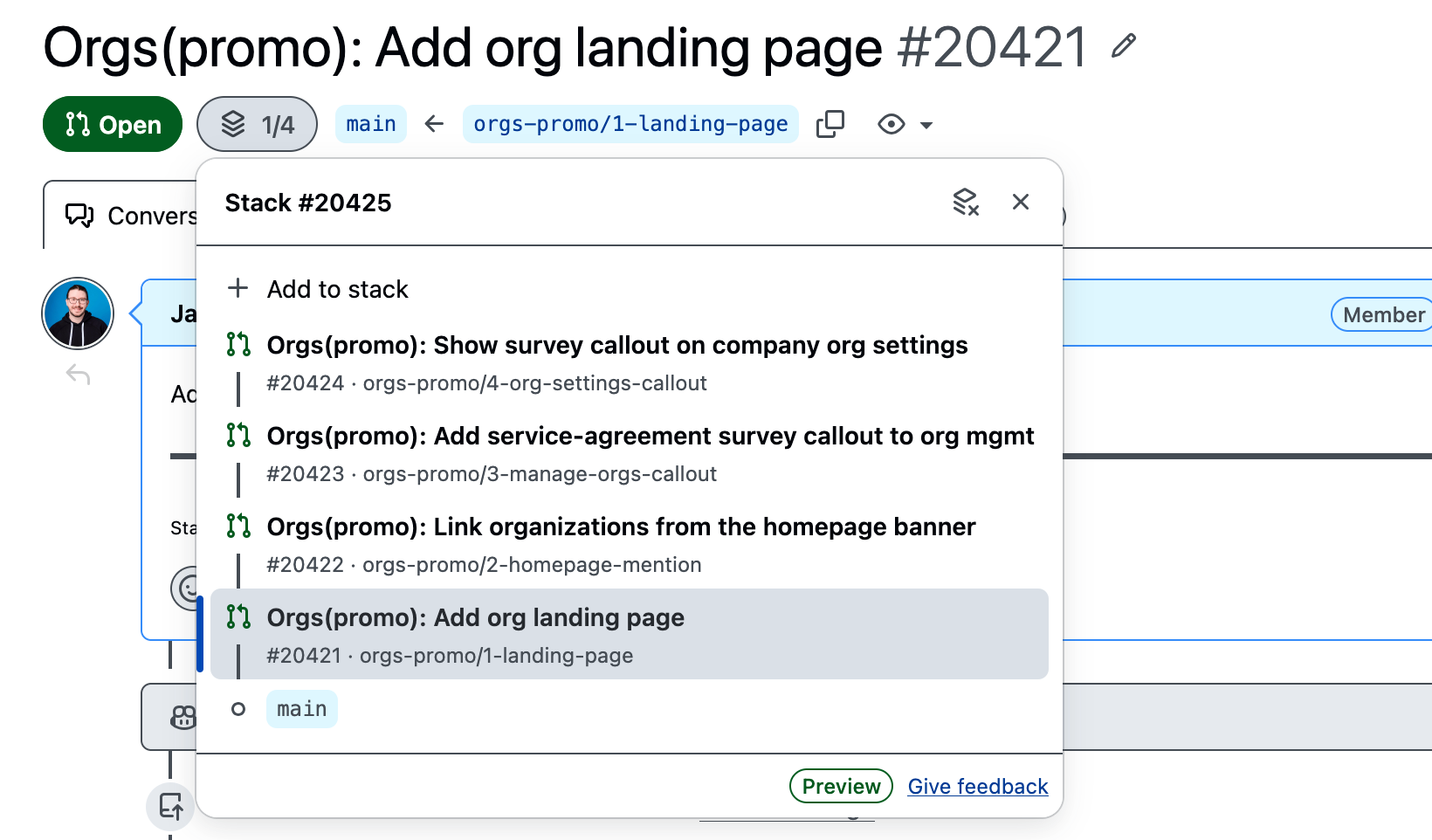 The top of the GitHub pull showing the stack